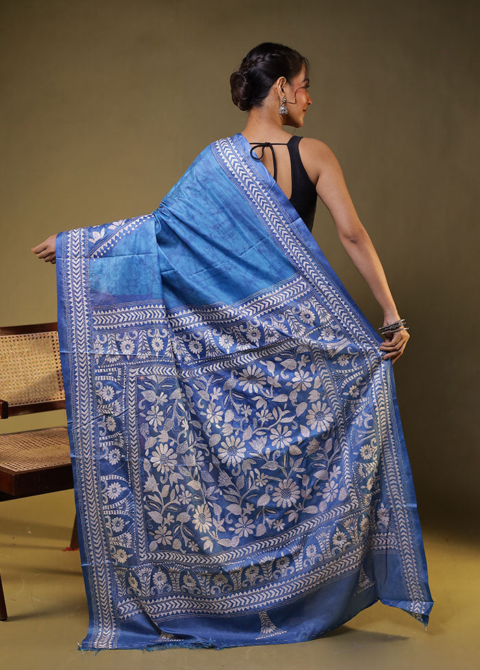 Blue Kantha Stitch Silk Saree With Blouse Piece