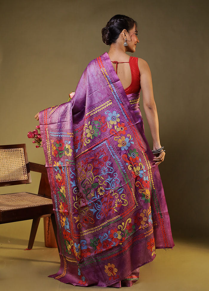 Purple Kantha Stitch Silk Saree With Blouse Piece