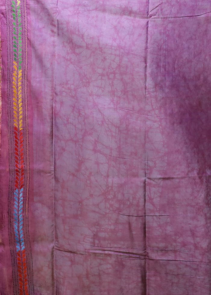Purple Kantha Stitch Silk Saree With Blouse Piece