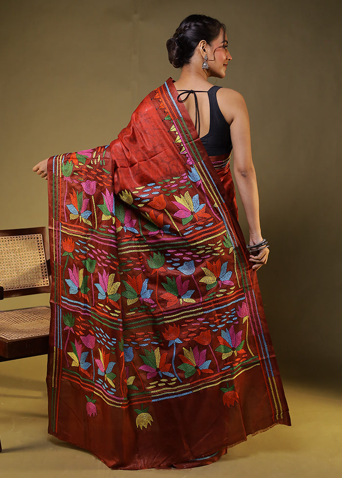 Maroon Kantha Stitch Silk Saree With Blouse Piece