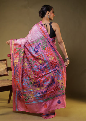 Pink Kantha Stitch Silk Saree With Blouse Piece