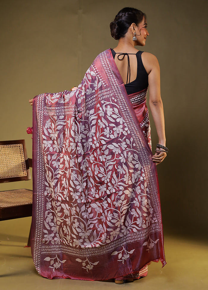 Purple Kantha Stitch Silk Saree With Blouse Piece