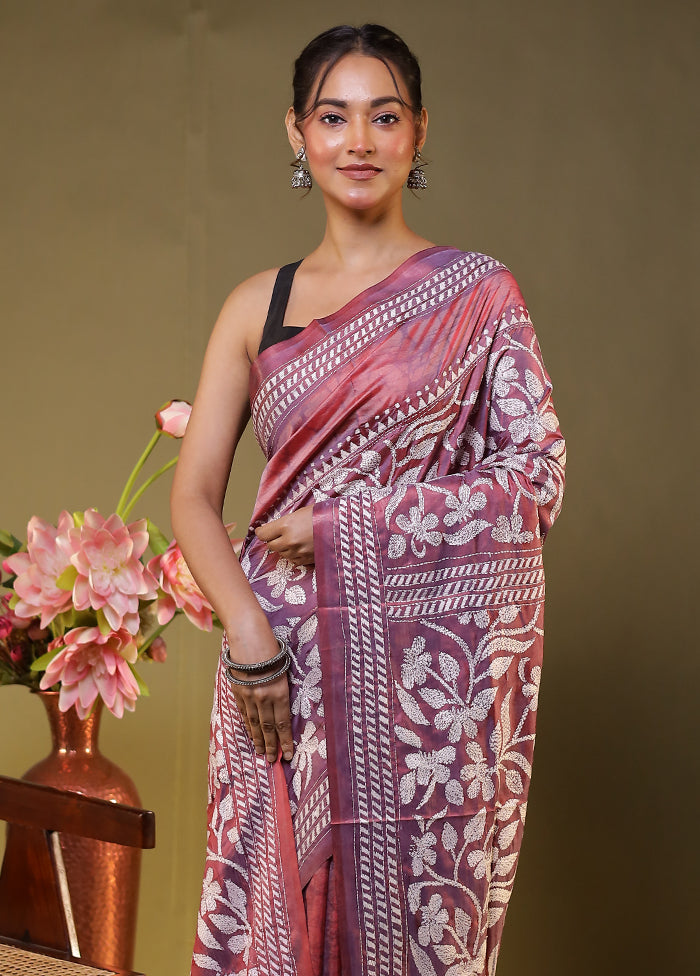 Purple Kantha Stitch Silk Saree With Blouse Piece