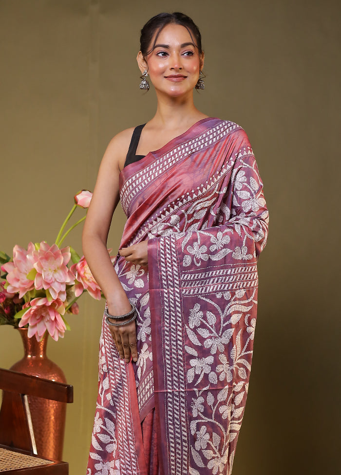 Purple Kantha Stitch Silk Saree With Blouse Piece
