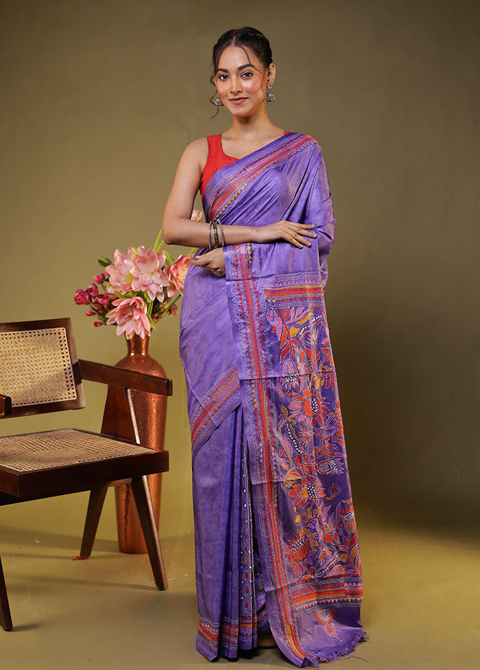Purple Kantha Stitch Silk Saree With Blouse Piece