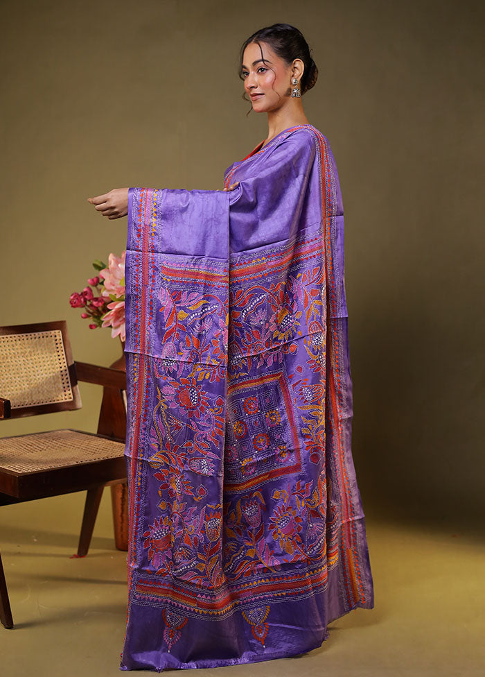 Purple Kantha Stitch Silk Saree With Blouse Piece