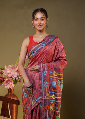 Purple Kantha Stitch Silk Saree With Blouse Piece