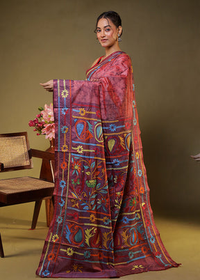 Purple Kantha Stitch Silk Saree With Blouse Piece