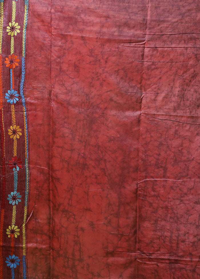 Purple Kantha Stitch Silk Saree With Blouse Piece