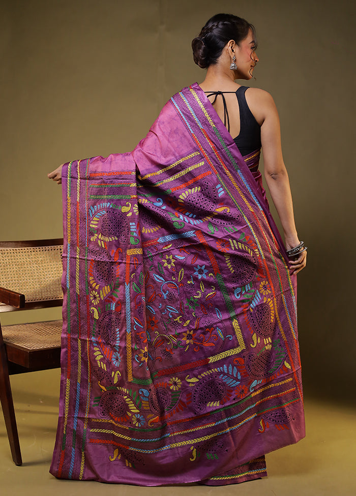 Purple Kantha Stitch Silk Saree With Blouse Piece