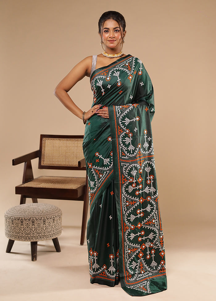 Green Kantha Stitch Silk Saree With Blouse Piece