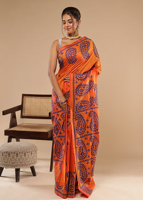 Yellow Kantha Stitch Silk Saree With Blouse Piece