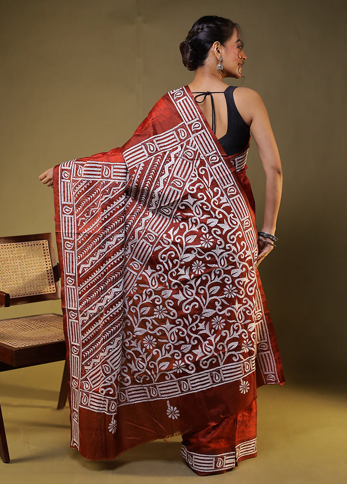 Maroon Kantha Stitch Silk Saree With Blouse Piece