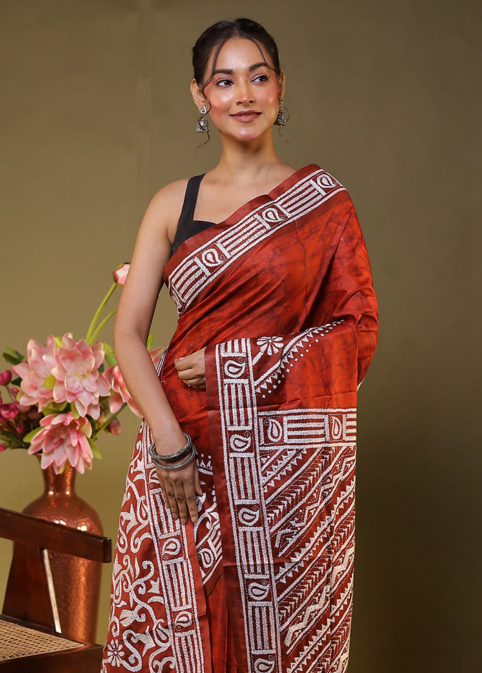 Maroon Kantha Stitch Silk Saree With Blouse Piece