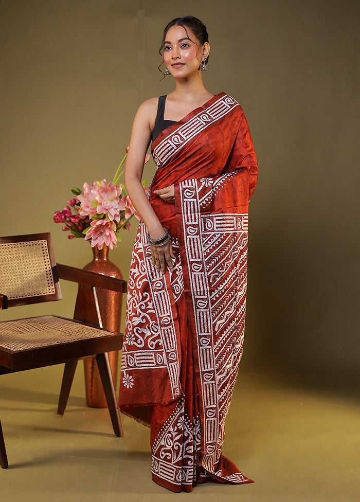 Maroon Kantha Stitch Silk Saree With Blouse Piece