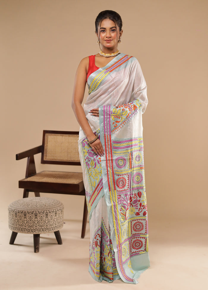 Blue Kantha Stitch Silk Saree With Blouse Piece