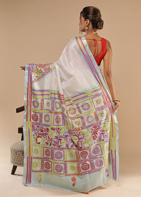 Blue Kantha Stitch Silk Saree With Blouse Piece