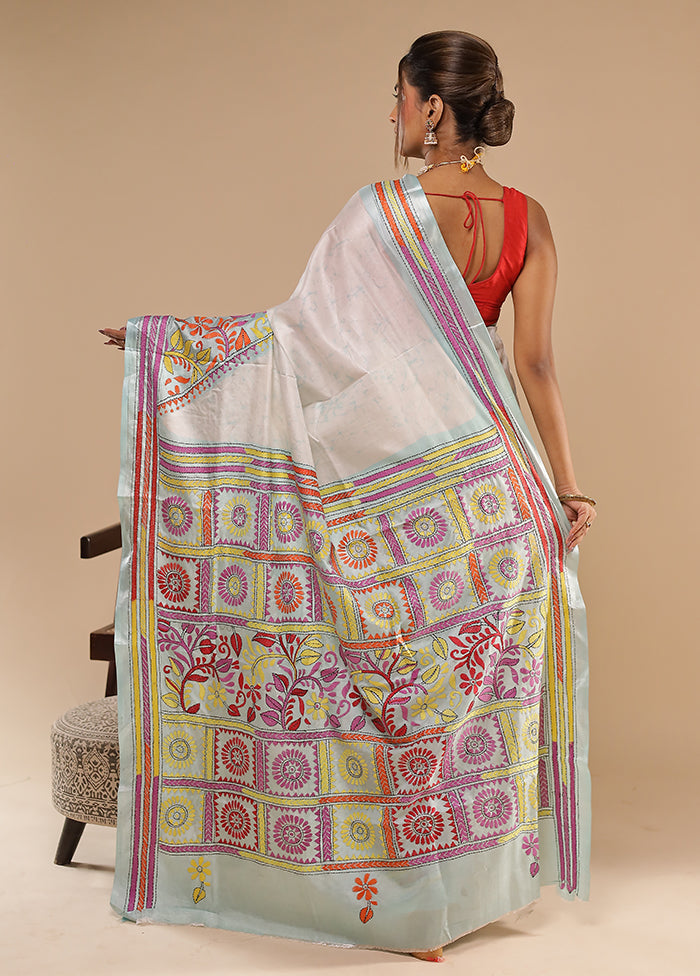 Blue Kantha Stitch Silk Saree With Blouse Piece