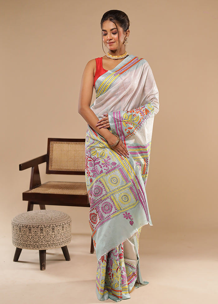 Blue Kantha Stitch Silk Saree With Blouse Piece