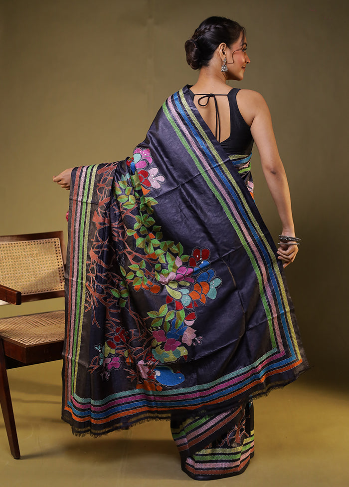 Black Handloom Kantha Stitch Pure Silk Saree With Blouse Piece