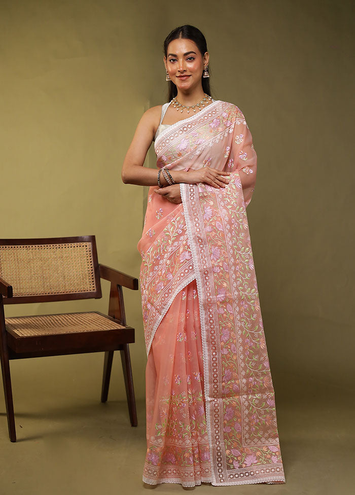 Peach Organza Saree With Blouse Piece