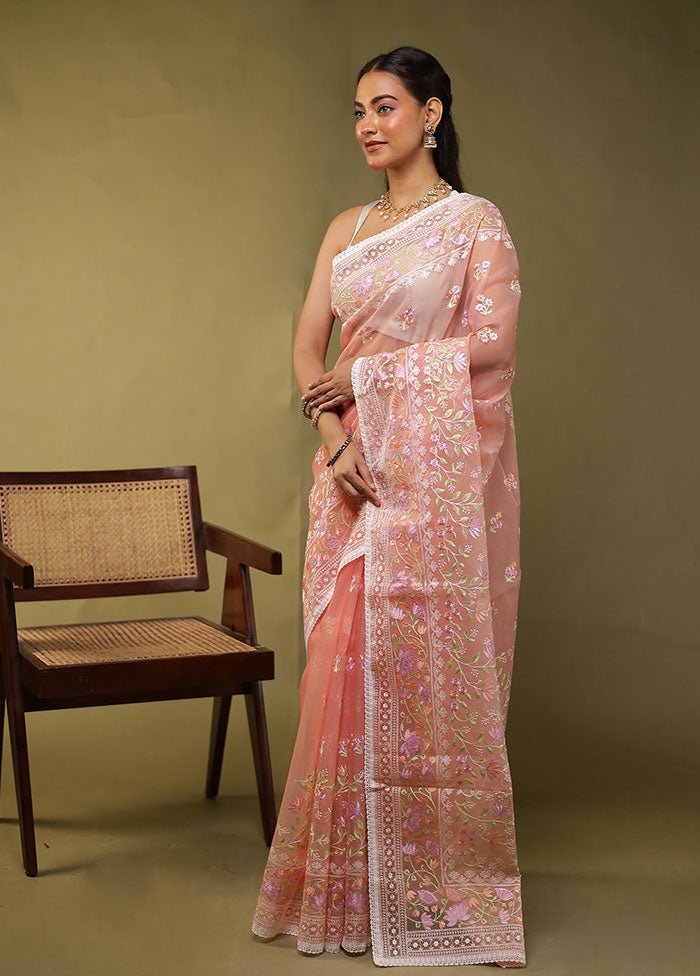 Peach Organza Saree With Blouse Piece