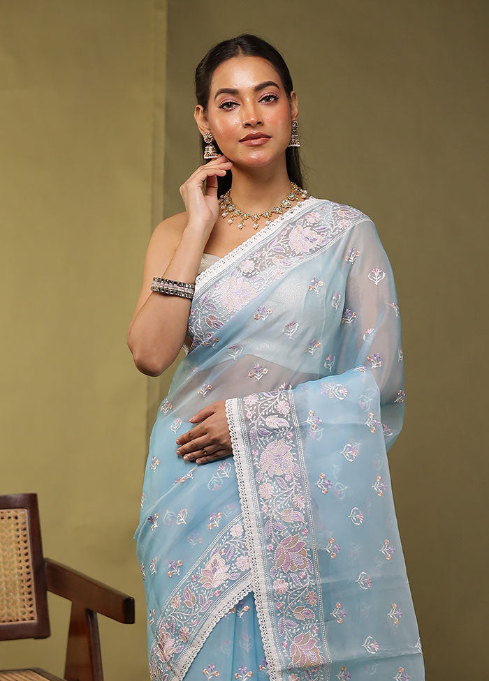 Blue Organza Saree With Blouse Piece