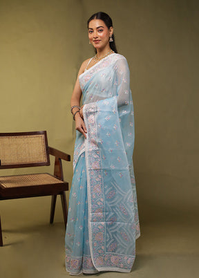 Blue Organza Saree With Blouse Piece