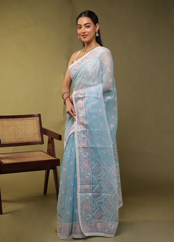 Blue Organza Saree With Blouse Piece