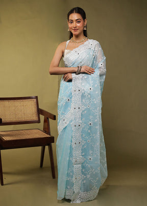 Blue Handloom Pure Georgette Saree With Blouse Piece