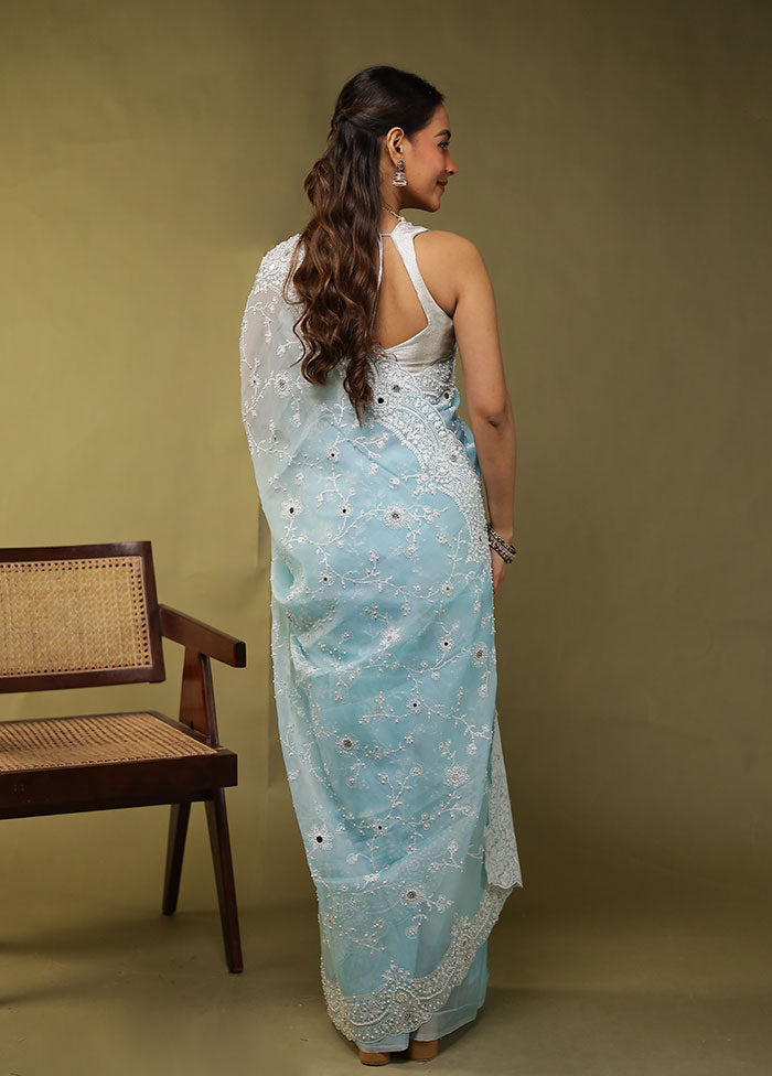 Blue Handloom Pure Georgette Saree With Blouse Piece