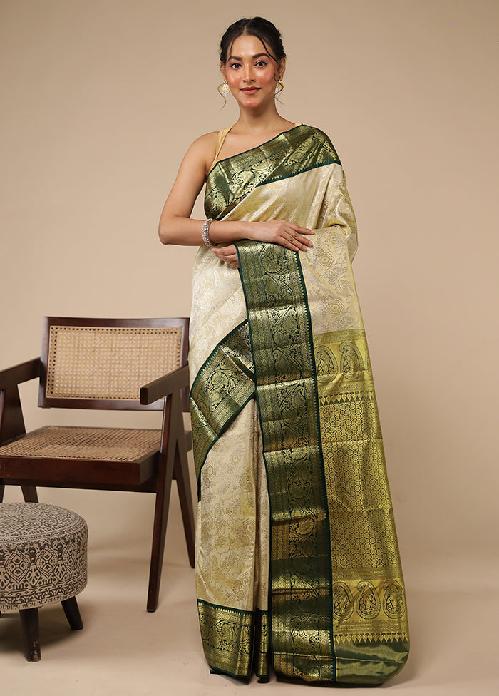 Cream Handloom Kanchipuram Pure Silk Saree With Blouse Piece