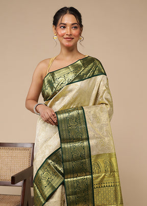 Cream Handloom Kanchipuram Pure Silk Saree With Blouse Piece