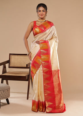 Cream Handloom Kanchipuram Pure Silk Saree With Blouse Piece