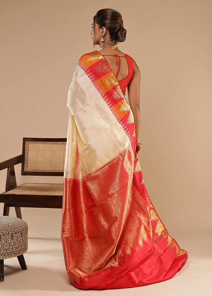 Cream Handloom Kanchipuram Pure Silk Saree With Blouse Piece