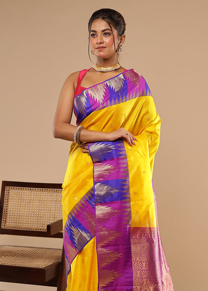 Kojagori Duo – Yellow Kanchipuram & Peach Printed Silk Sarees