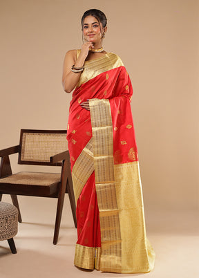 Red Handloom Kanchipuram Pure Silk Saree With Blouse Piece