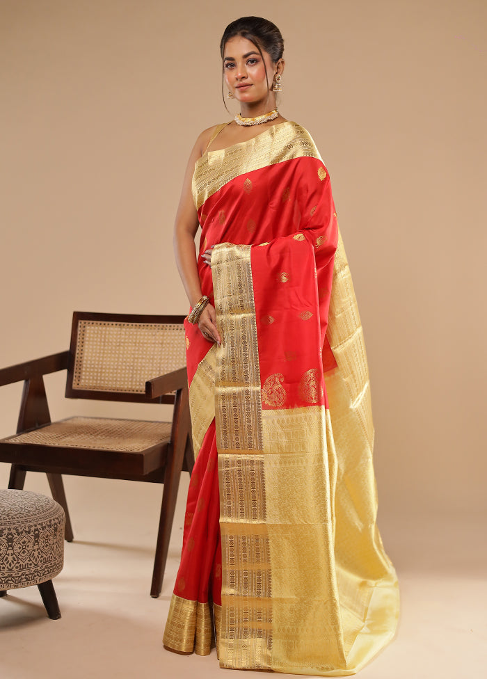 Red Handloom Kanchipuram Pure Silk Saree With Blouse Piece