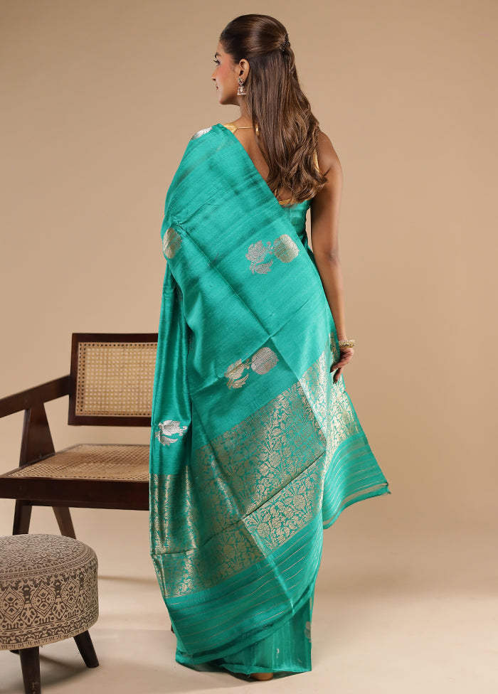 Green Handloom Tussar Pure Silk Saree With Blouse Piece
