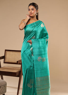 Green Handloom Tussar Pure Silk Saree With Blouse Piece