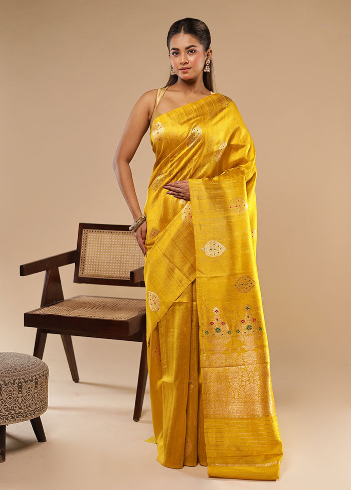 Yellow Handloom Tussar Pure Silk Saree With Blouse Piece