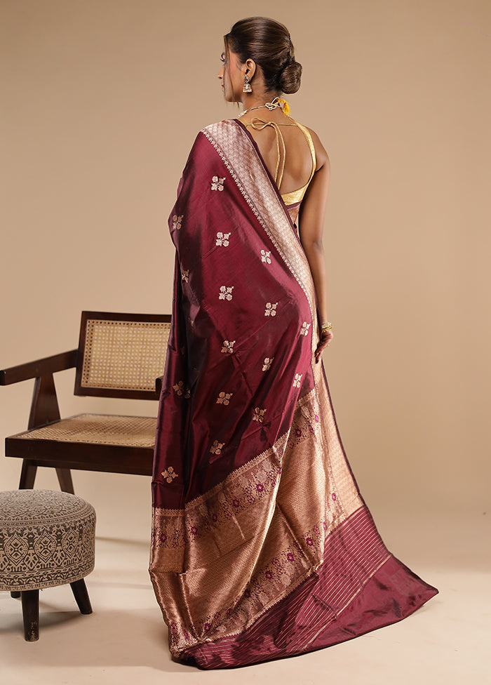 Maroon Handloom Katan Pure Silk Saree With Blouse Piece