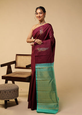Purple Handloom Kanchipuram Pure Silk Saree With Blouse Piece