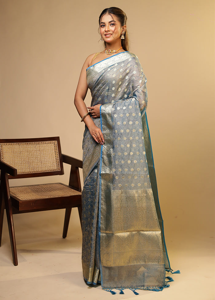 Blue Tissue Silk Saree With Blouse Piece