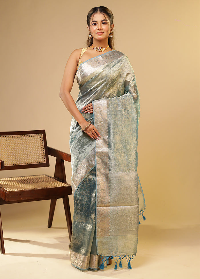 Blue Tissue Silk Saree With Blouse Piece