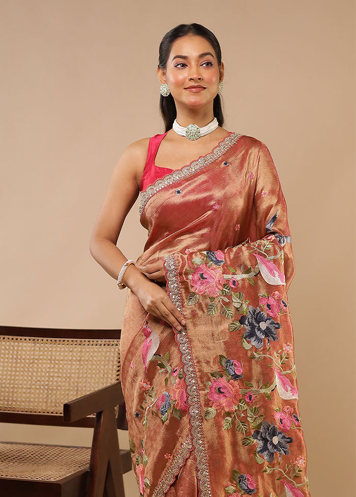 Rust Tissue Silk Saree With Blouse Piece
