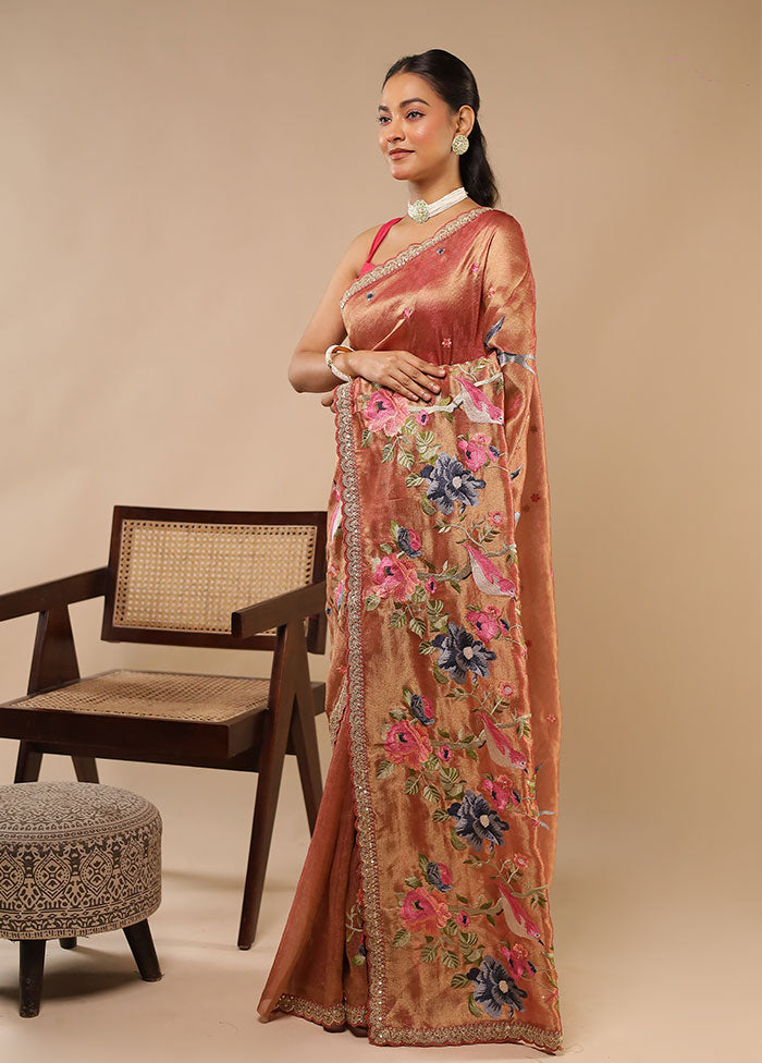 Rust Tissue Silk Saree With Blouse Piece