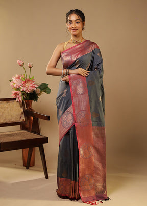 Grey Kanjivaram Silk Saree With Blouse Piece