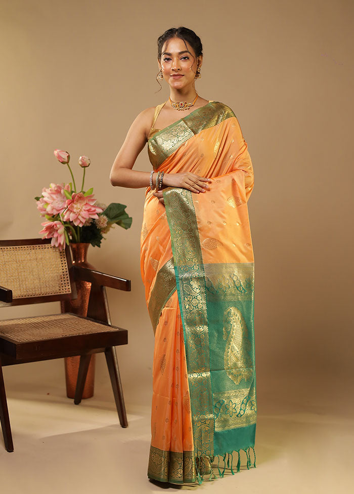 Peach Kanjivaram Silk Saree With Blouse Piece