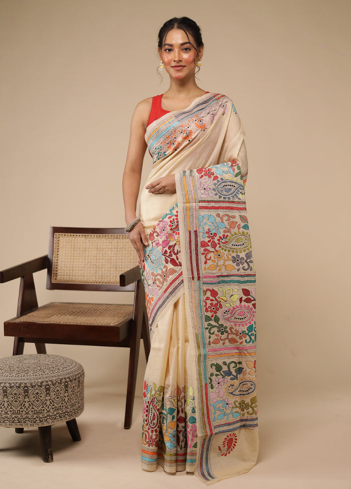 Cream Handloom Kantha Stitch Pure Silk Saree With Blouse Piece
